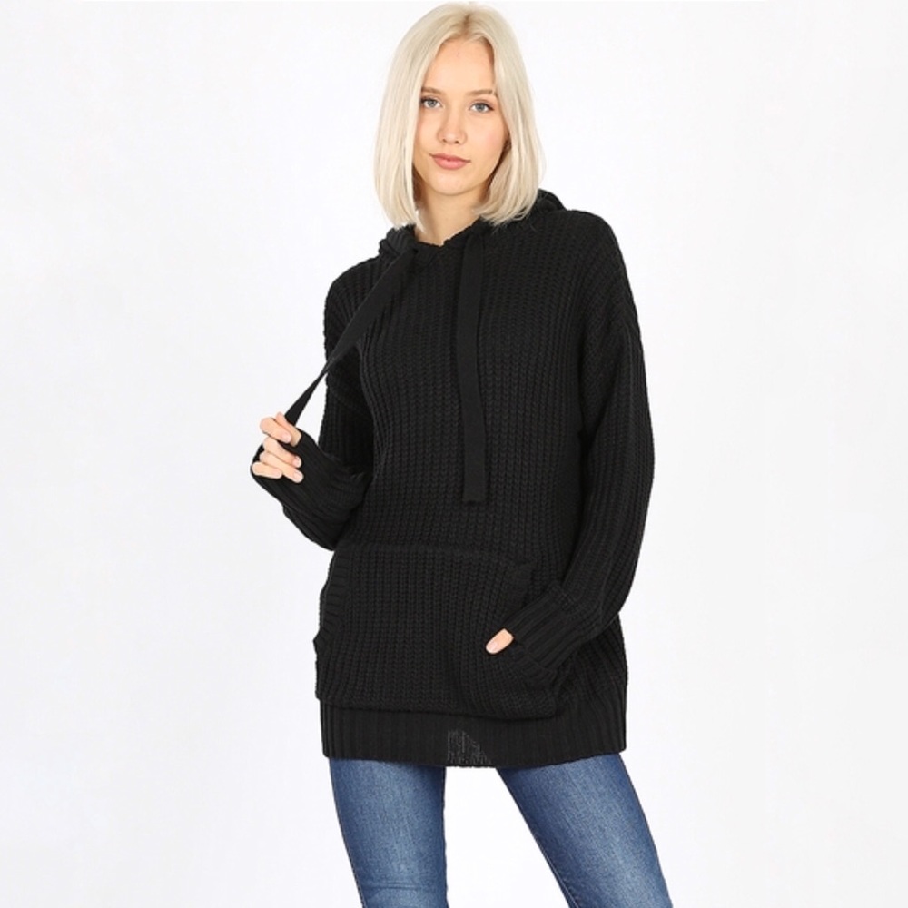 Olive Knit Hooded Sweater with Pockets - Picture 5 of 6